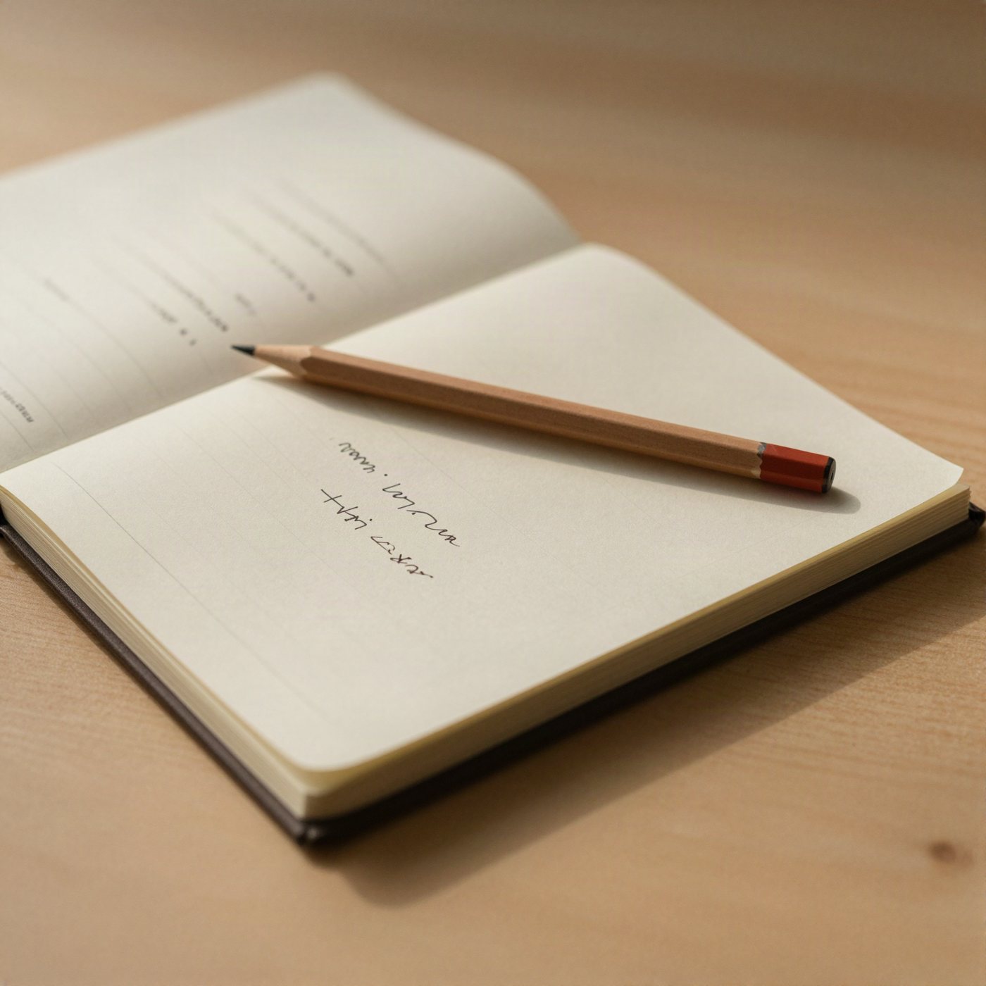 Caderno aberto com anotações à mão e um lápis, sobre uma mesa de madeira