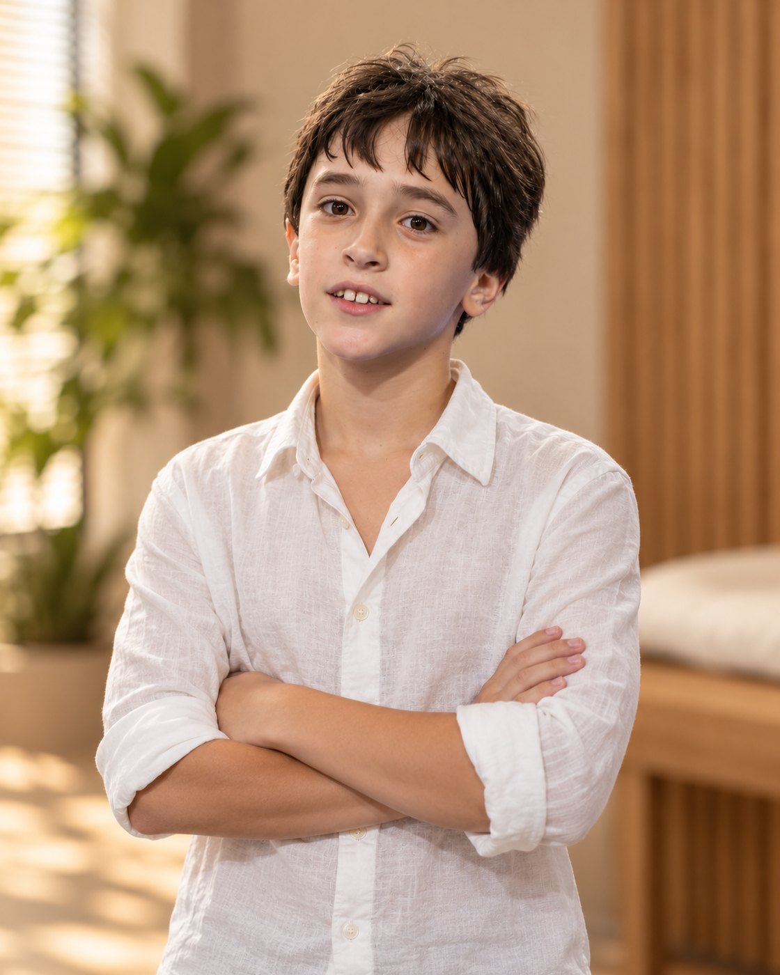 Heitor, de camisa branca de linho e braços cruzados, sorrindo na sala de casa