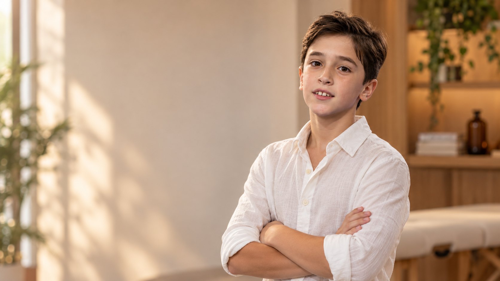Heitor, de camisa branca de linho e braços cruzados, na sala de casa sob luz de fim de tarde
